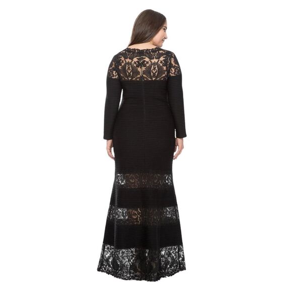 Tadashi Shoji XL Black Lace Corded Embroidery Tulle Pintuck Jersey Boatneck Long - Picture 2 of 8